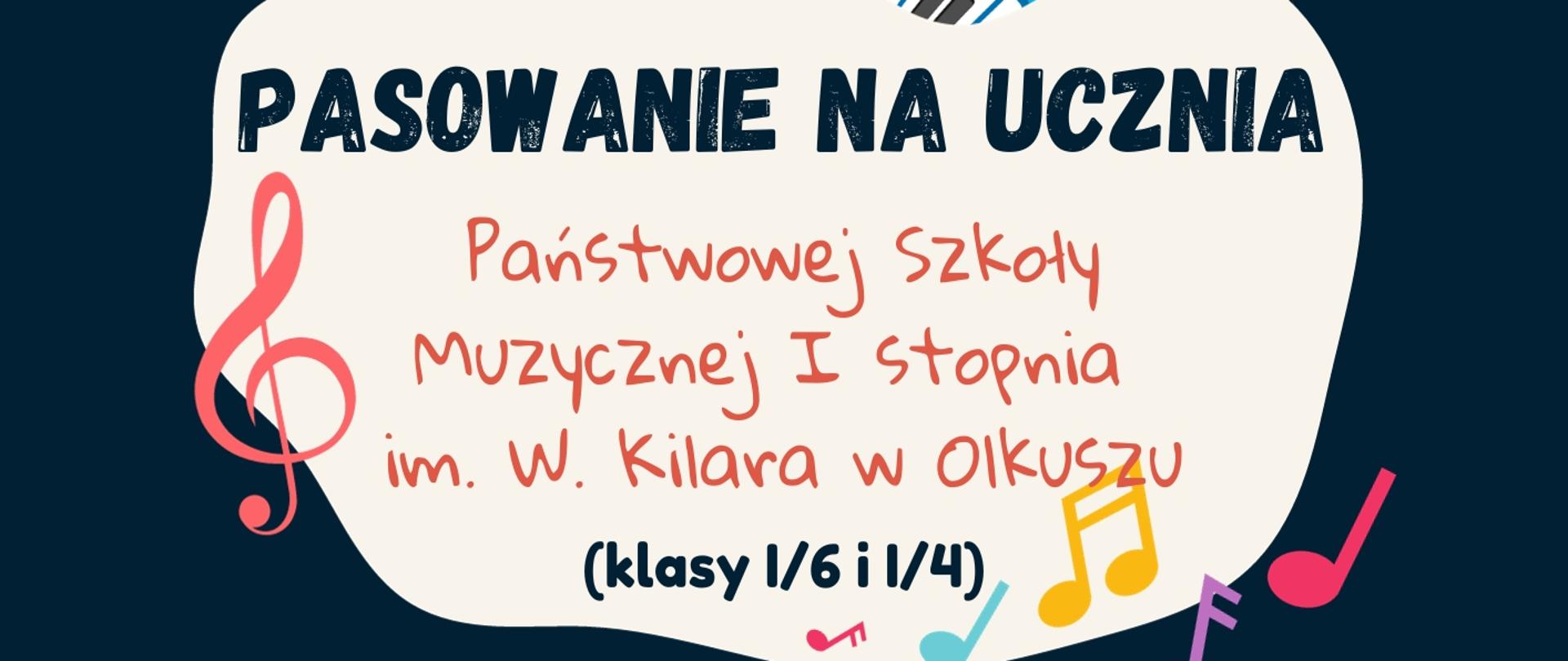 ciemne tło w środku worek z instrumentami, logo szkoły