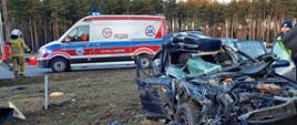 widoczne miejsce zdarzenia uszkodzone pojazdu oraz służby działające na miejscu.