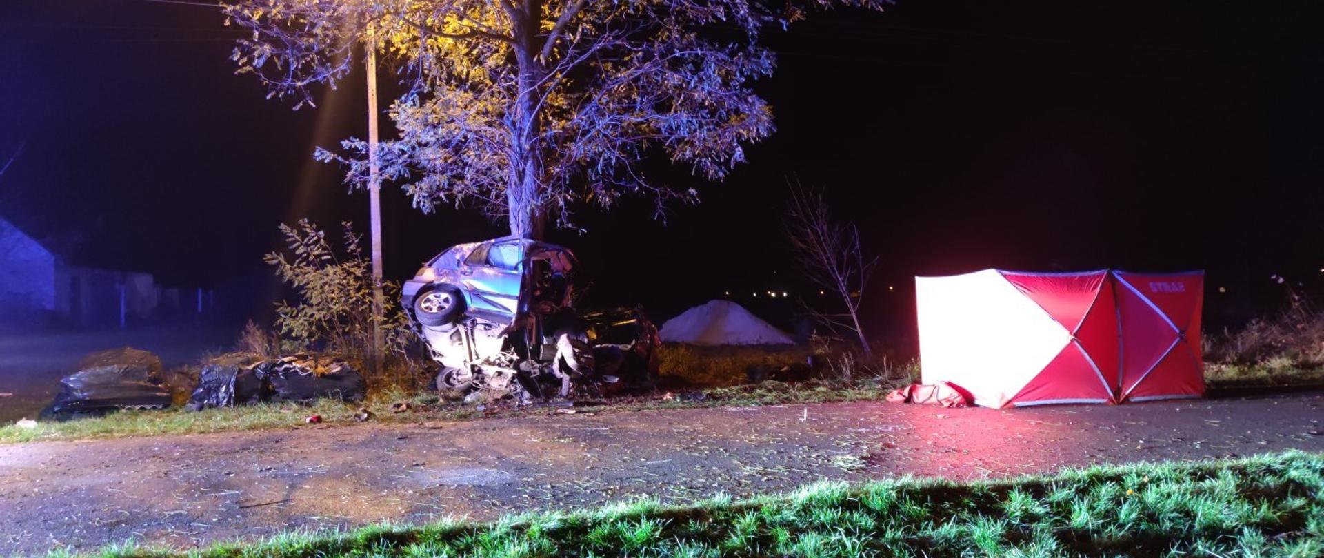 Wrak samochodu na drzewie