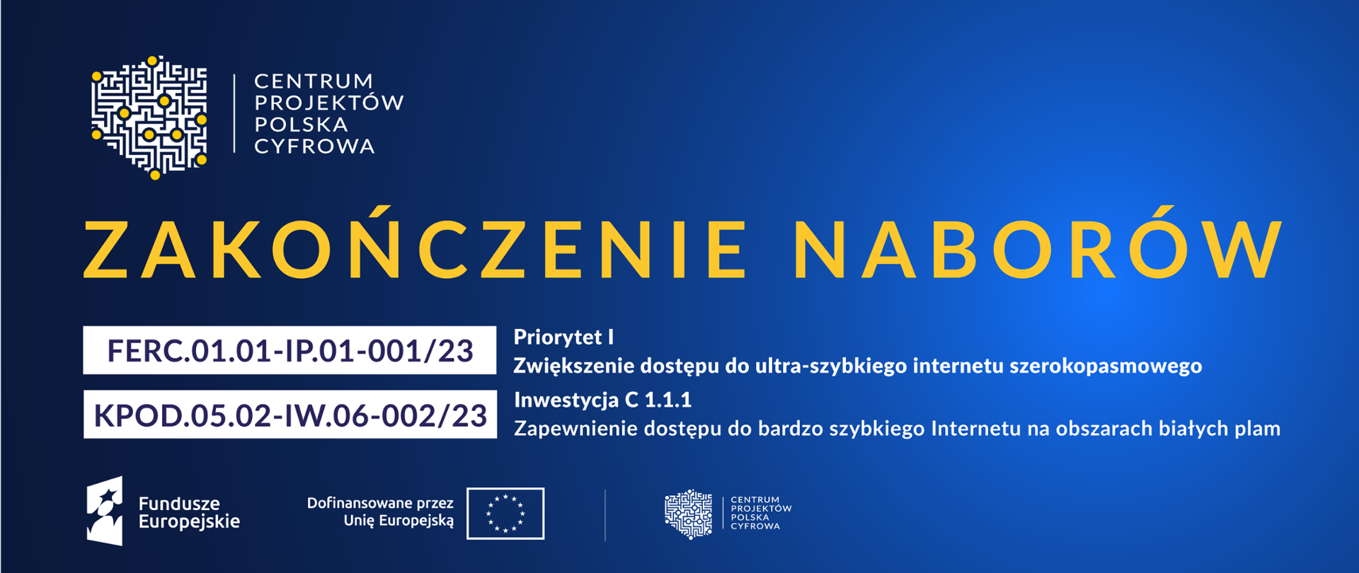 Zakończenie naborów FERC.01.01-OP.01-001/23 Priorytet I Zwiększenie dostępu do ultra-szybkiego internetu szerokopasmowego oraz KPOD.05.02-IW.06-002/23 Inwestycja C1.1.1 - Zapewnienie dostępu do bardzo szybkiego internetu na obszarach białych plam