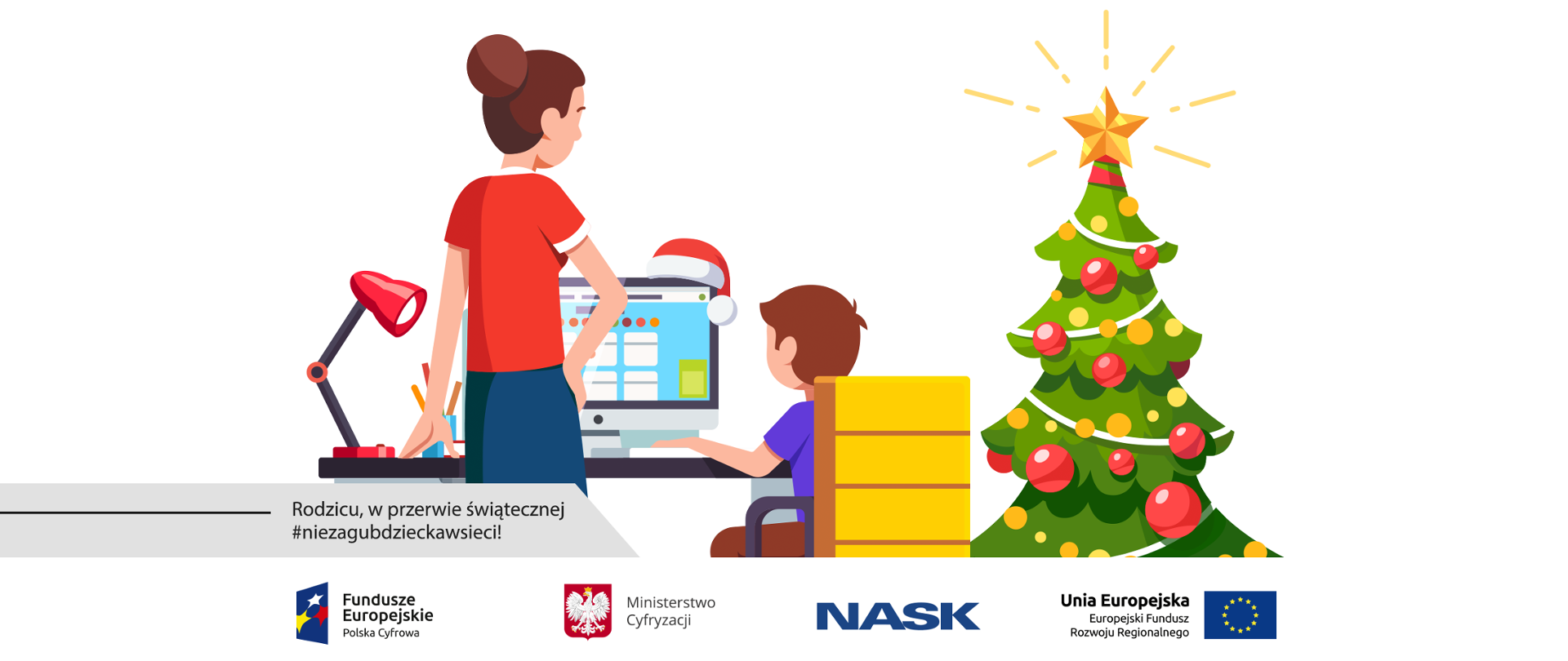 Obrazek przedstawia chłopca siedzącego przy komputerze i stojącą obok niego mamę. Na monitorze powieszona jest czapka Mikołaja, po prawej stronie biurka stoi choinka