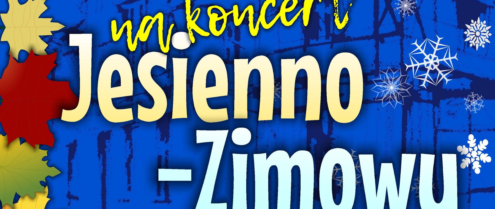 W lewym górnym rogu plakatu białymi literami napisana jest nazwa szkoły muzycznej, w prawym górnym rogu czerwonymi literami data i godzina rozpoczęcia koncertu. Po środku plakatu żólto-niebieskimi literami nazwa koncertu. U dołu plakatu na całej szerokości informacja o miejscu koncertu oraz logo szkoły. Z lewej strony na całej długości znajdują się liście w jesiennych barwach, po prawej zaś płatki śniegu. Tłem plakatu jest kolor niebieski z wkomponowaną ryciną przedstawiająca budynek szkoły. 