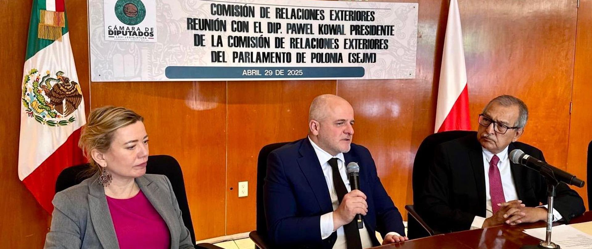 Na zdjęciu widać trzy siedzące w oficjalnej sali osoby - Ambasador RP w Meksyku, Agnieszka Frydrychowicz-Tekieli, poseł Paweł Kowal oraz poseł Pedro Vázquez González, Przewodniczący Komisji Spraw Zagranicznych Izby Deputowanych Meksyku.