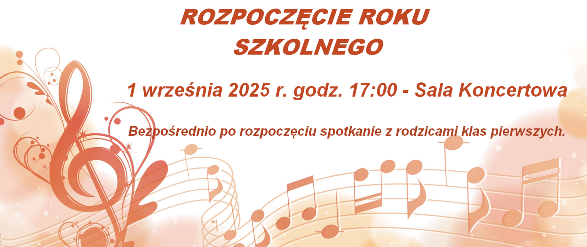 baner - na tle muzycznych motywów (pięciolinia i nuty) informacja o rozpoczęciu roku szkolnego.