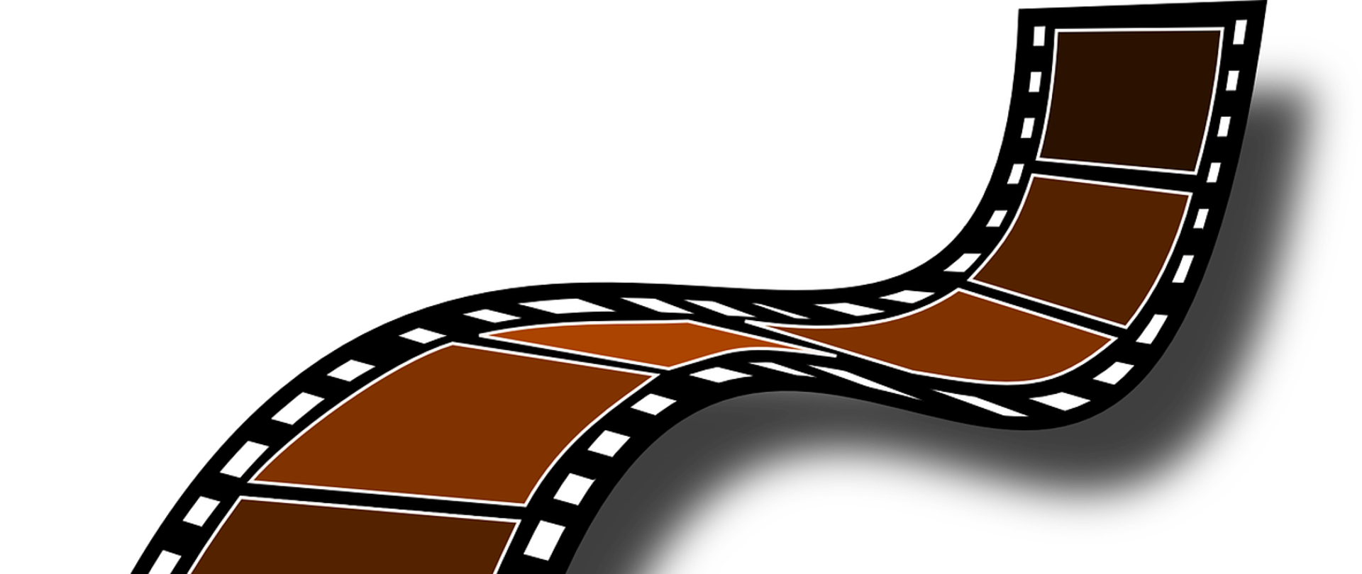 Na tle niebieski wstęga w formie taśmy filmowej