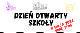 Drzwi otwarte szkoły 8 maja godz. 17:00 sala koncertowa, neonowe instrumenty i czarno białe tło