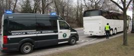 Kontrola drogowa białego autokaru prowadzona przez Inspekcję Transportu Drogowego przy zadrzewionej drodze.