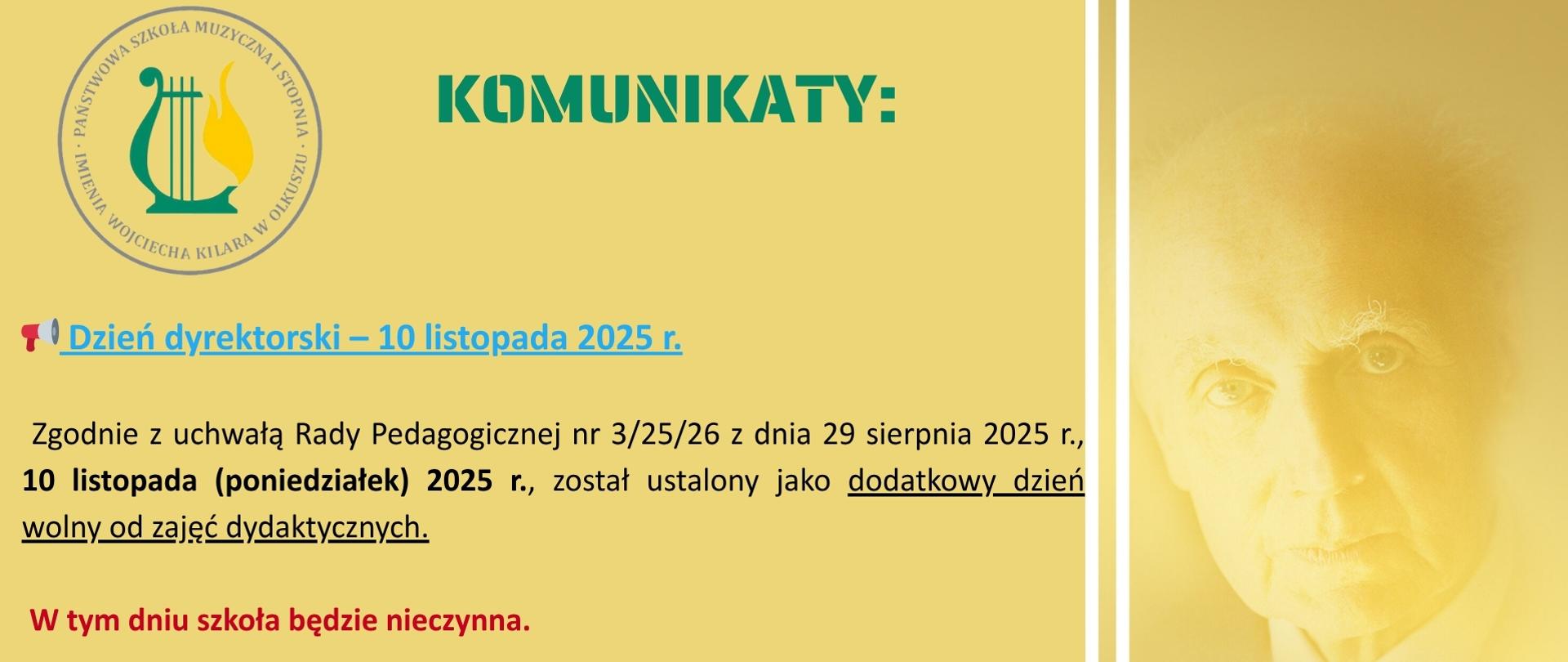 żółte tło, logo szkoły i portret Wojciecha Kilara, napisy, zielone i czarne, niebieskie i czerwone