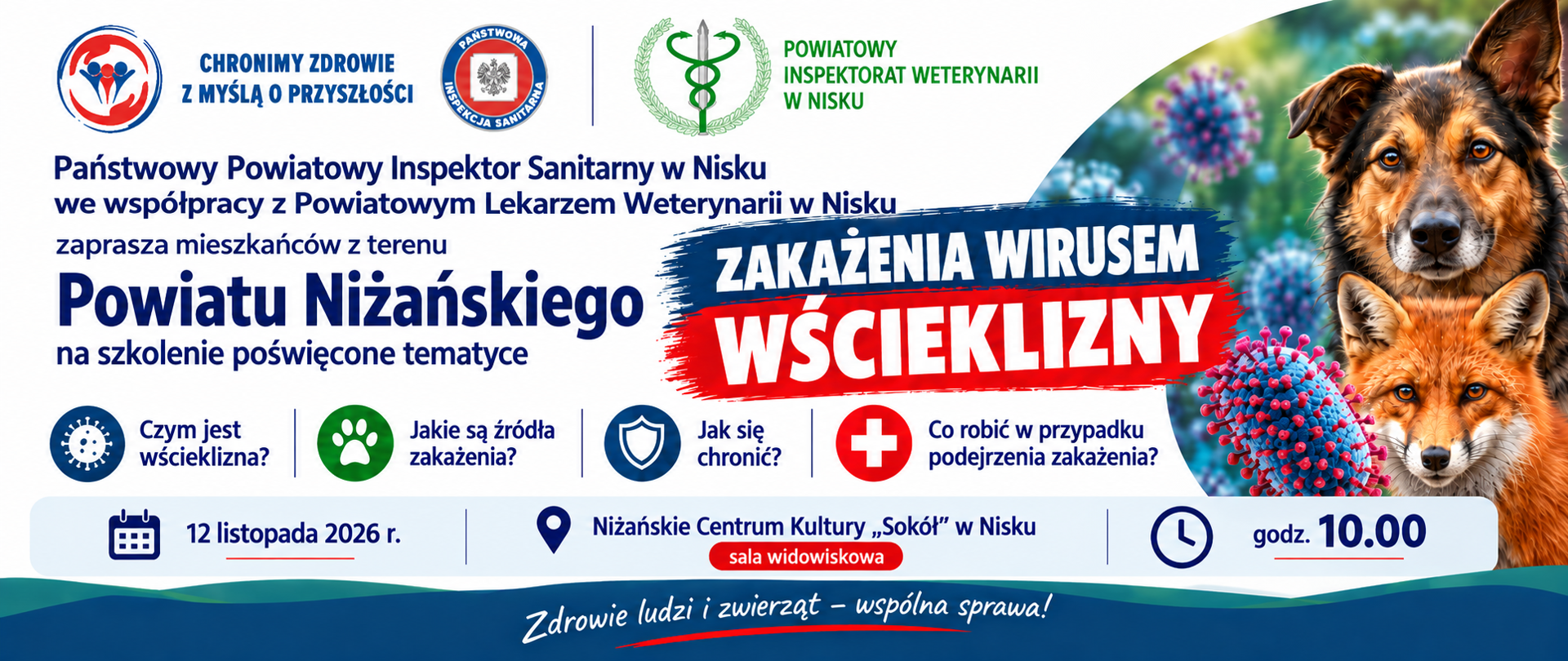 grafika przedstawia informacje dot.organizowanego szkolenia przez PPIS w Nisku i PIW w Nisku dla mieszkańców z terenu powiatu niżańskiego na temat zakażeń wirusem wścieklizny