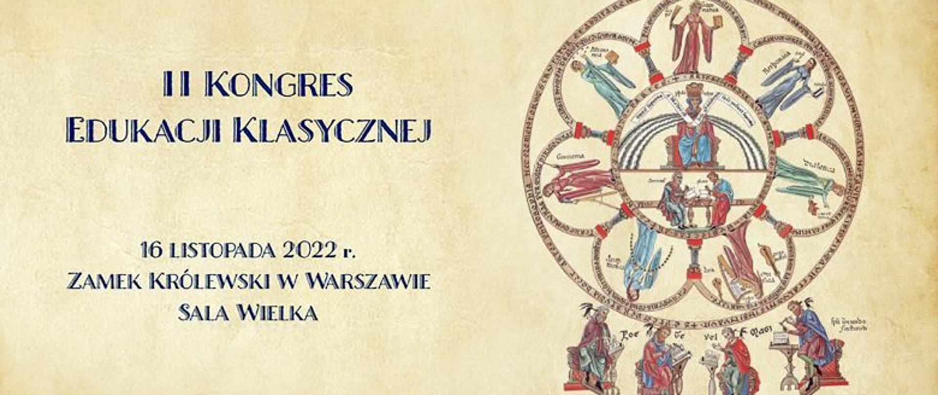 Na żółtym tle stylizowane średniowieczne grafiki i napis II Kongres Edukacji Klasycznej.