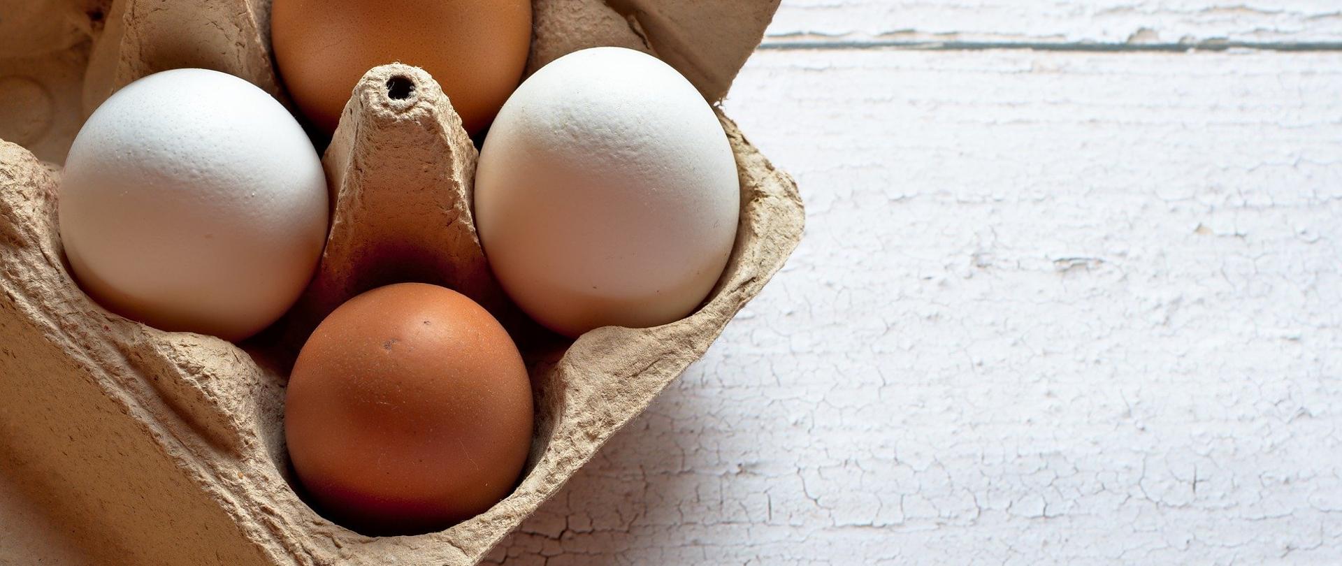Na zdjęciu w tekturowej wytłoczce znajdują się cztery kurze jaja.
