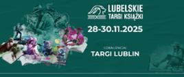 Obraz przedstawia plakat promujący Lubelskie Targi Książki, które odbędą się w dniach 28–30 listopada 2025 roku.
W centralnej części znajduje się logo wydarzenia — stylizowany motyw otwartej książki z profilem głowy — oraz napisy informujące o dacie i lokalizacji: Targi Lublin.
Tło jest w odcieniu zieleni, a wokół umieszczono barwne ilustracje przedstawiające różne postacie związane z literaturą i czytaniem: m.in. detektywa, superbohatera, czytających ludzi, dzieci i misie siedzące na książkach. Całość ma nowoczesny, artystyczny charakter i oddaje różnorodność świata książek.