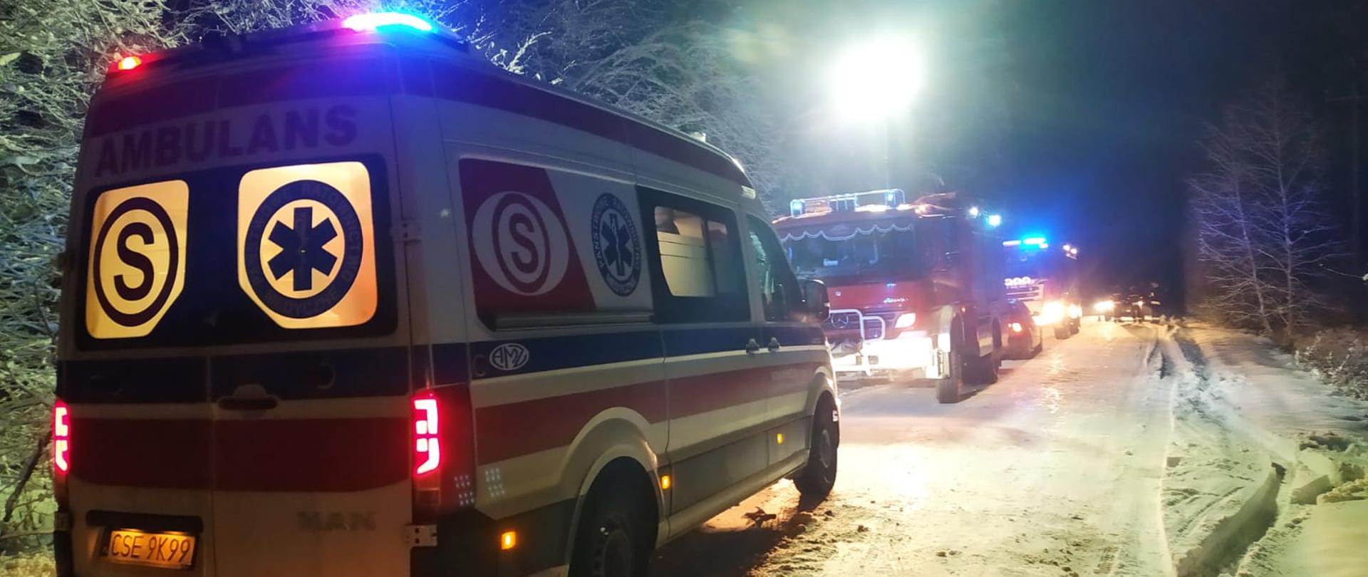 Na zdjęciu widoczna jest karetka pogotowia w tle strażacy na drodze pokrytej sniegiem