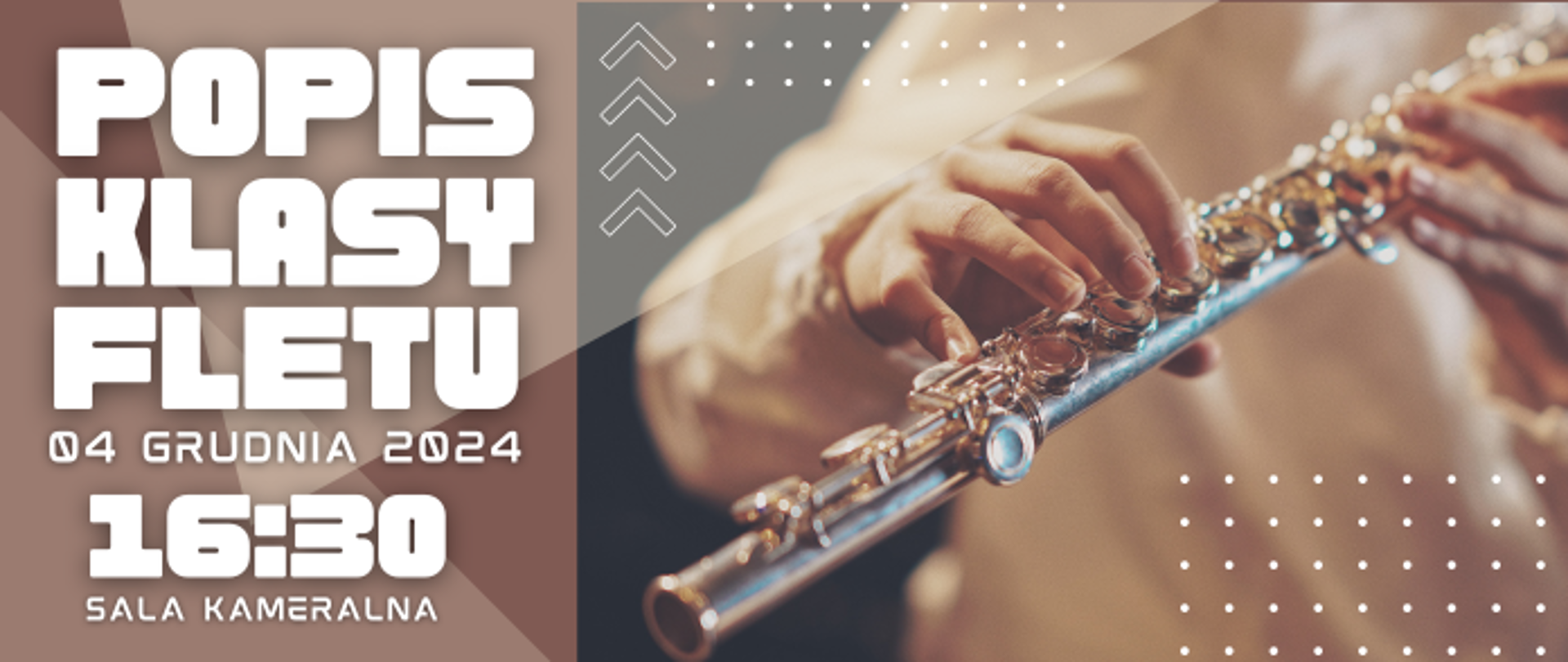 po lewej plakatu stronie postać z fletem poprzecznym. Napisy w kolorze białym na beżowym tle.