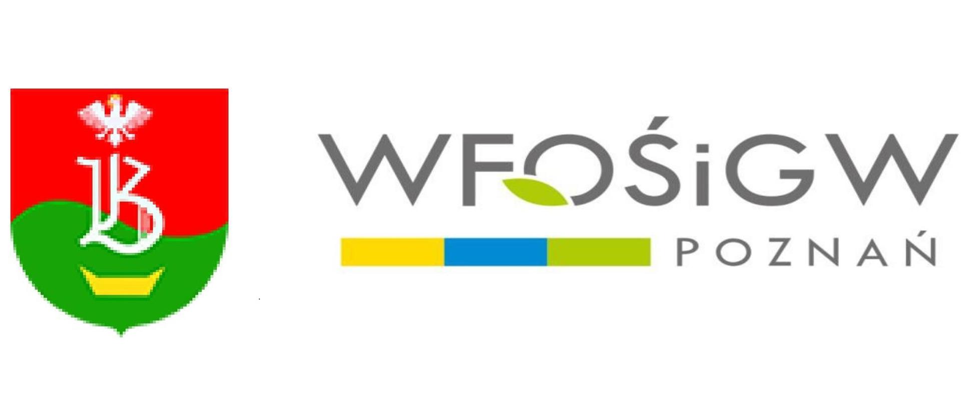 Na zdjęciu logo Gminy brodnica od lewej czerwono zielono żółto kolory tła herbu na nim orzeł i litera B, z prawej strony logo WFOŚiGW w Poznaniu napis 
