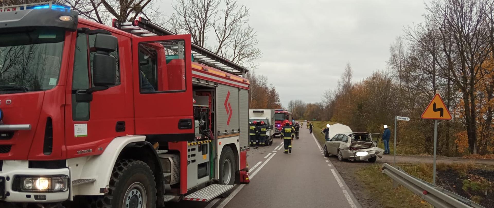 Zdjęcie przedstawia dwa uszkodzone pojazdy po wypadku: auto osobowe i samochód dostawczy na drodze wojewódzkiej nr 650, pojazdy pożarnicze oraz strażaków podczas działań ratowniczych