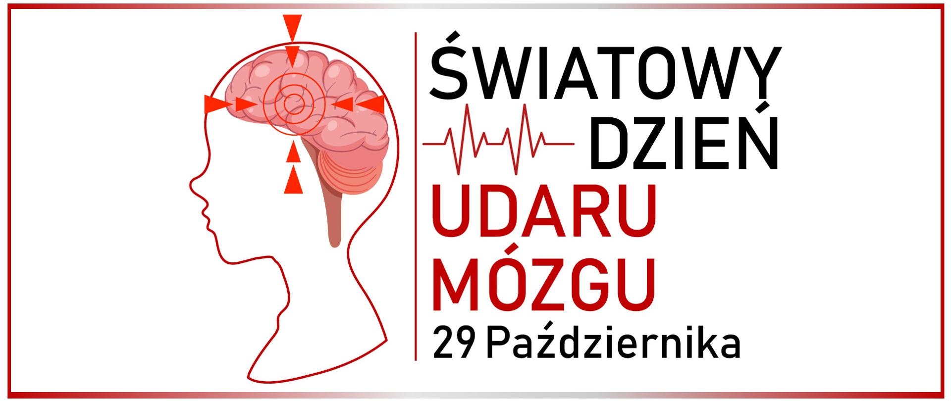Baner informacyjny przedstawiający linearny zarys profilu człowieka z zaznaczonym mózgiem. Na mózg nakierowany jest celownik wskazujący miejsce możliwości wystąpienia udaru. Obok napis: Światowy Dzień Udaru Mózgu, 29 października.