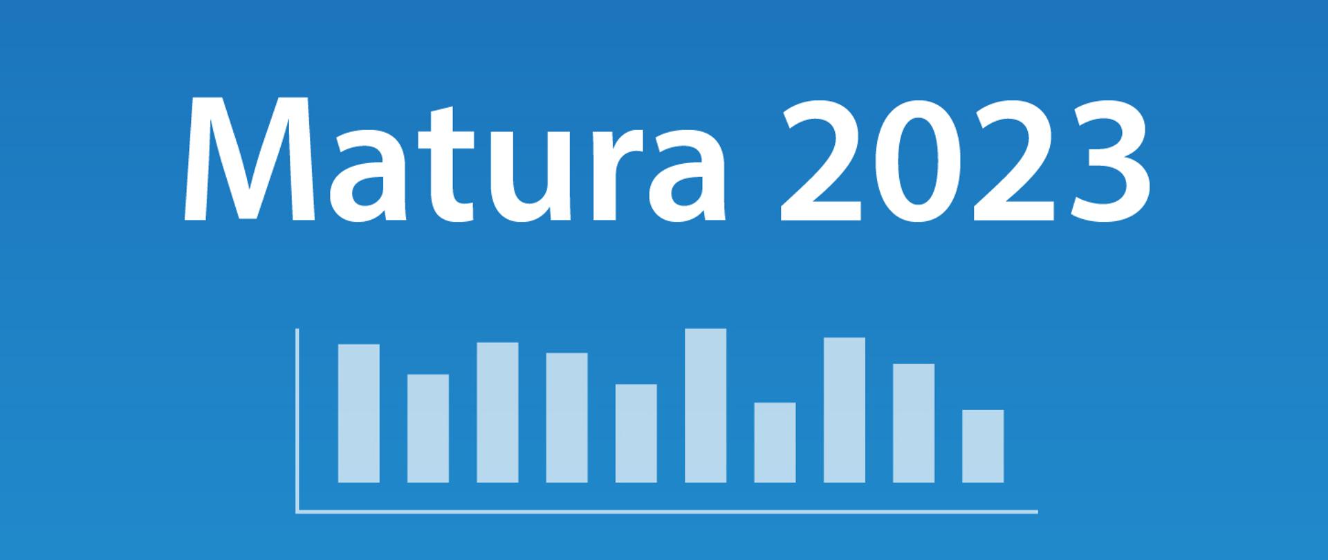 Grafika przestawia napis Matura 2023 na niebieskim tle. Pod napisem słupki symbolizujące wykres.