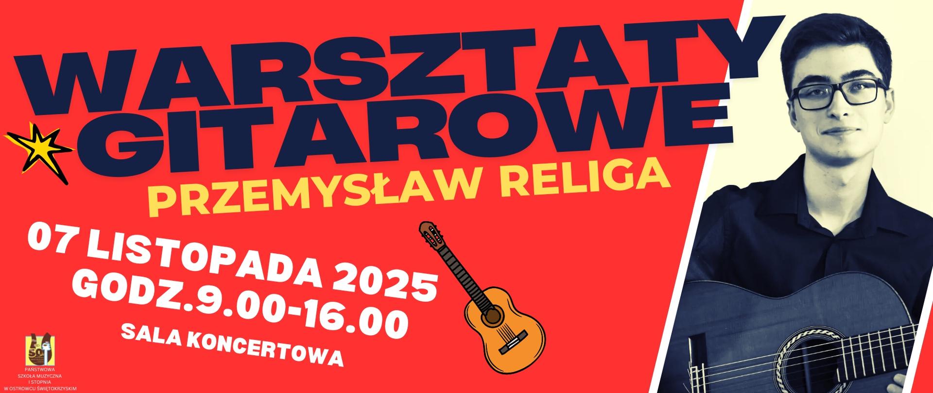 Zdjęcie z gitarzystą po lewej stronie na czerwonym tle, niebieskie, żółte i białe litery informujące o wydarzeniu, w centrum plakatu mała gitara