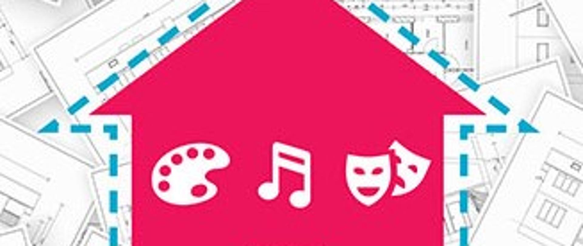 Plakat - termomodernizacja na którym znajduje się różowy domek otoczony niebieską przerywaną linią, w środku domku znajdują się symbole kultury tj. malarstwo - paleta farb, muzyka - nuta oraz teatr - maski. Całość jest na szarym tle projektów budynków.