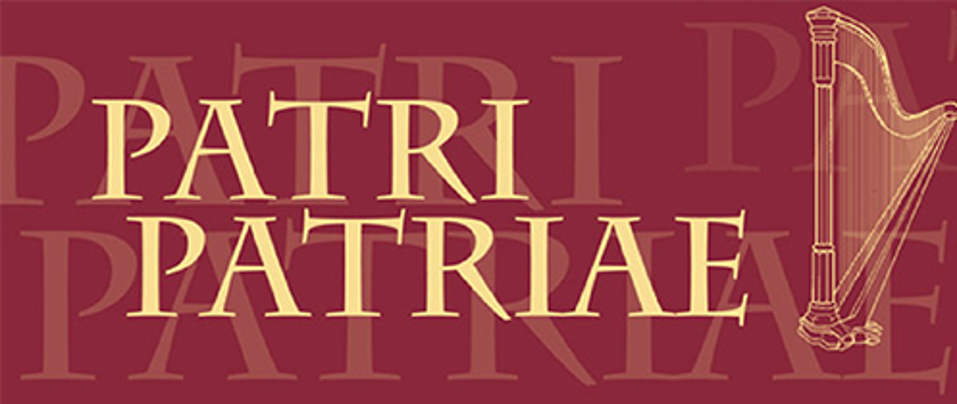 logo konkursu Patri Patriae, żółty napis Patri Patriae na bordowym tle, z prawej strony rysunek harfy