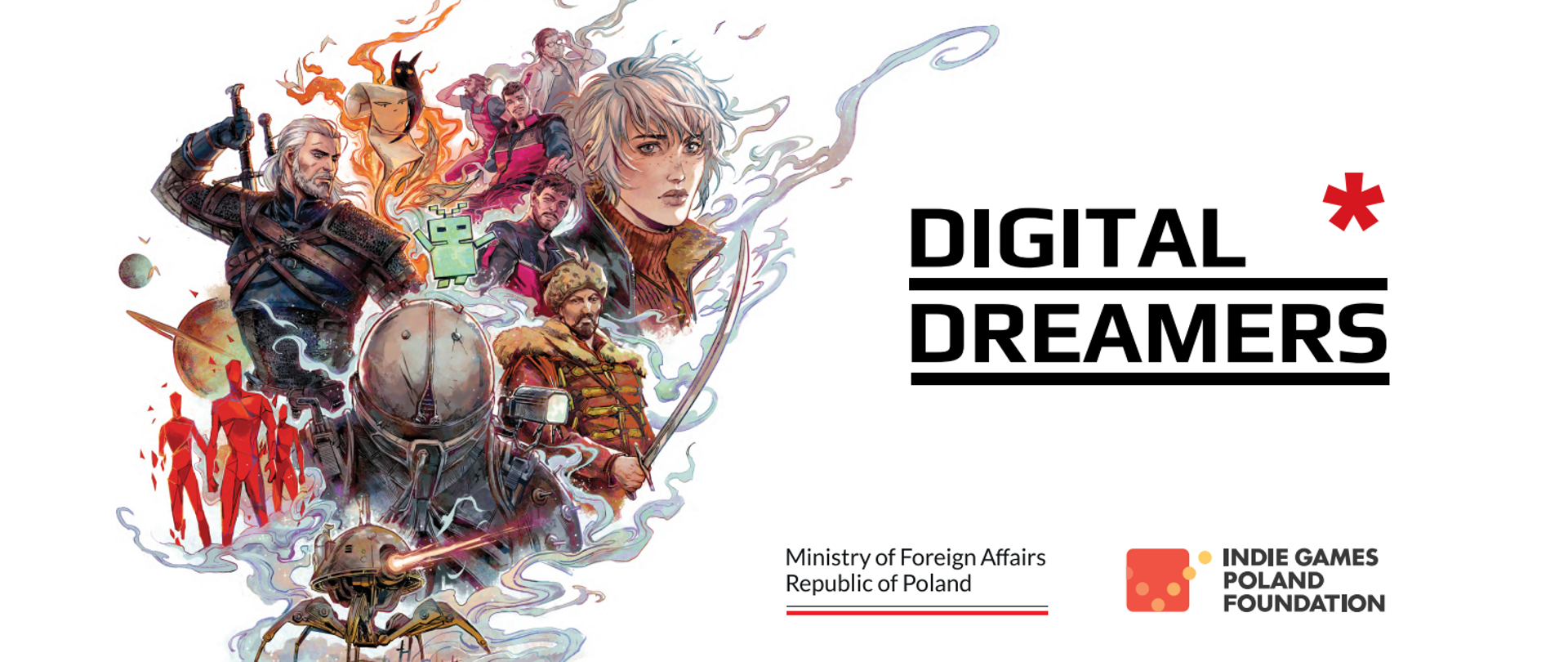 Die Grafik zeigt ein Poster mit Figuren aus polnischen Computerspielen und der Aufschrift Digital Dreams 