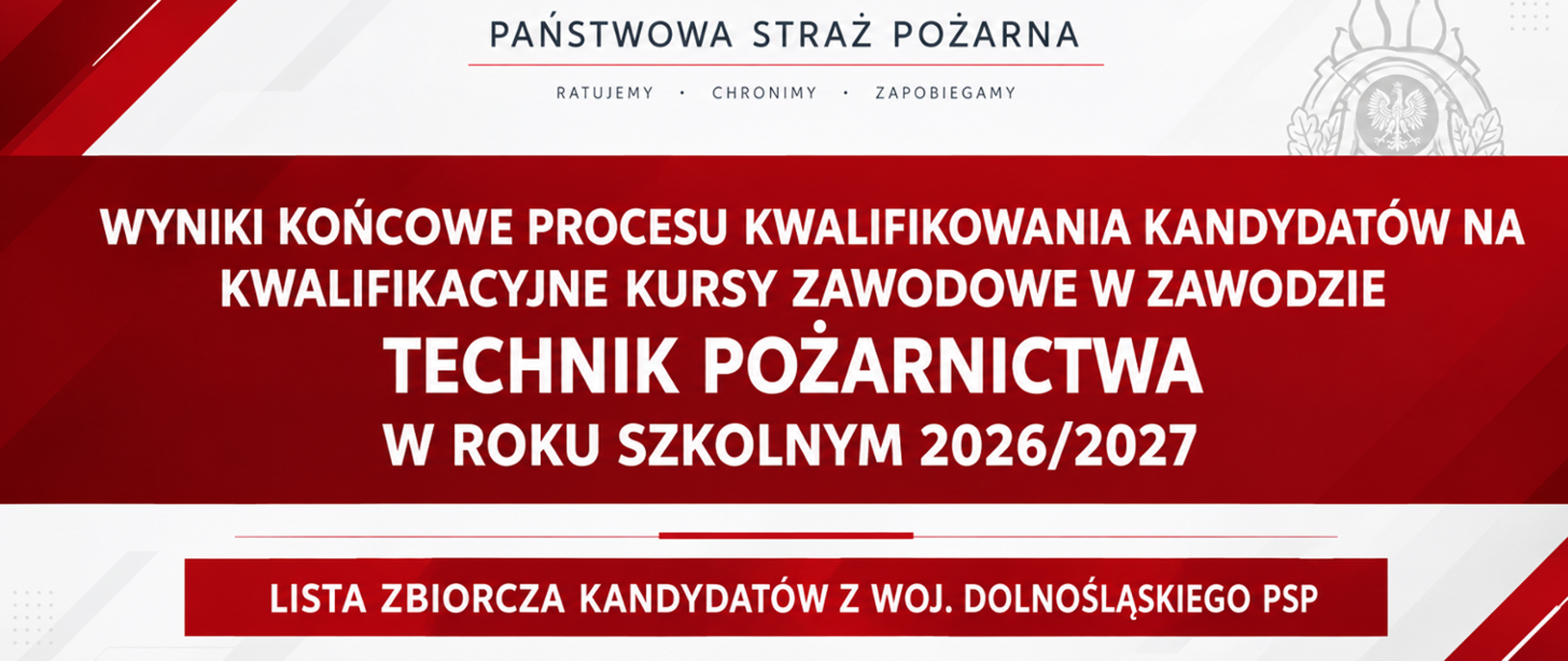 Wyniki końcowe kwalifikowania kandydatów na kwalifikacyjne kursy zawodowe w zawodzie technik pożarnictwa w roku szkolnym 2026/2027. Lista zbiorcza kandydatów z województwa dolnośląskiego PSP. Grafika informacyjna Państwowej Straży Pożarnej.