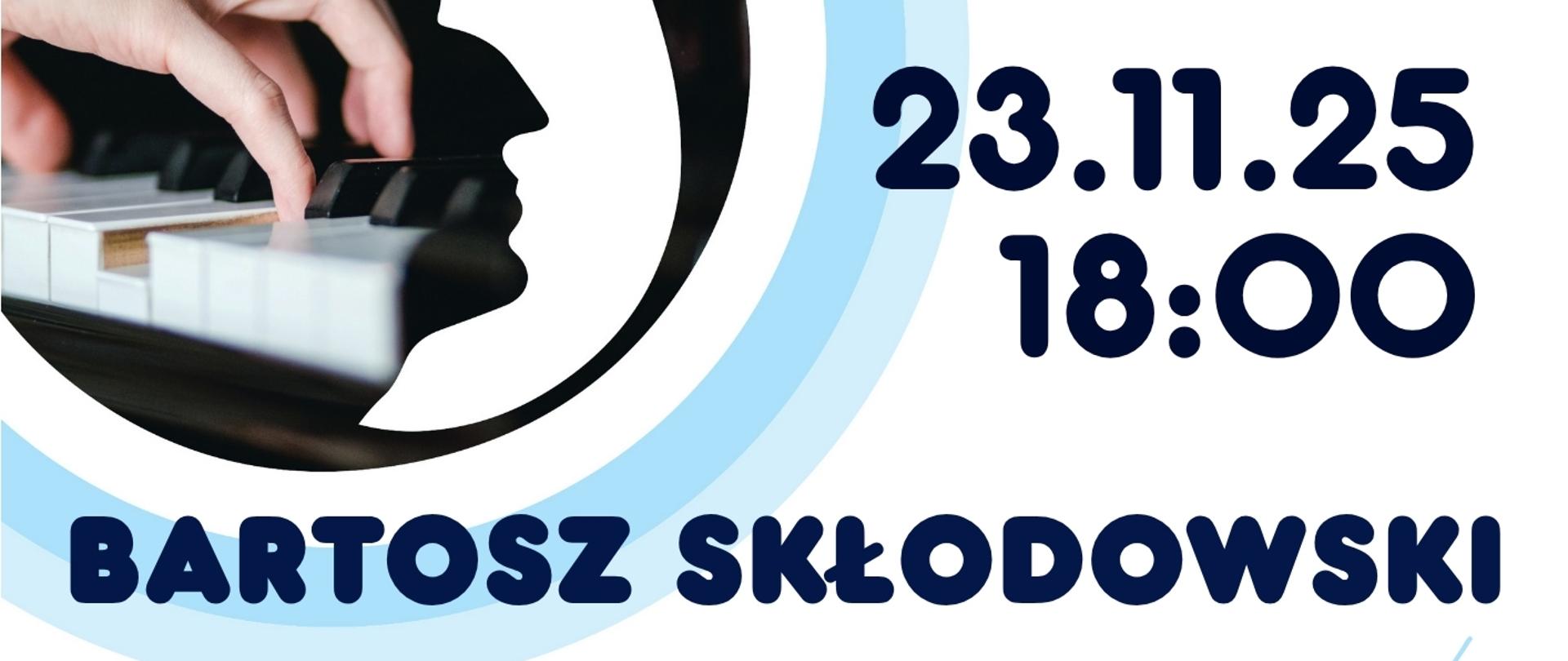 Plakat promujący wydarzenie „Efekt Chopina – Chopinowskie recitale fortepianowe". W centralnej części widoczny jest czarno-biały profil Fryderyka Chopina wpisany w okrąg z niebieskimi pierścieniami, w którym znajduje się zdjęcie dłoni grających na klawiaturze fortepianu.
Tekst plakatu informuje:
„EFEKT CHOPINA – Chopinowskie recitale fortepianowe"
23.11.2025, godz. 18:00
Bartosz Skłodowski
Wejściówki dostępne w Państwowej Szkole Muzycznej w Jastrzębiu-Zdroju oraz na evently.pl.
Na dole znajduje się informacja o miejscu wydarzenia: Sala koncertowa Państwowej Szkoły Muzycznej, ul. Kościuszki 13A, Jastrzębie-Zdrój.
Wskazano, że projekt jest współfinansowany ze środków Unii Europejskiej w ramach Programu Operacyjnego Infrastruktura i Środowisko 2014–2020.
Na plakacie znajdują się logotypy: Narodowego Instytutu Fryderyka Chopina, Ministerstwa Kultury i Dziedzictwa Narodowego, Funduszy Europejskich, Rzeczpospolitej Polskiej oraz Unii Europejskiej.
Na dole umieszczono napis: „Zapraszamy!" i adres strony internetowej: efektchopina.pl