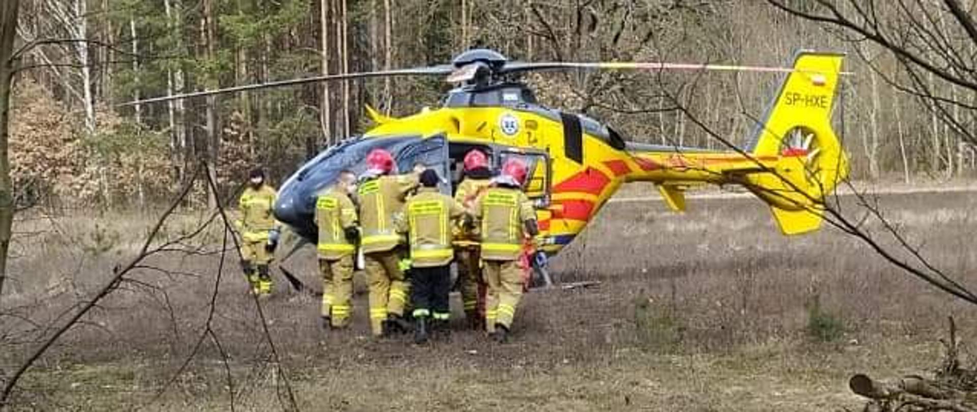 Strażacy zanoszą poszkodowanego do helikoptera LPR