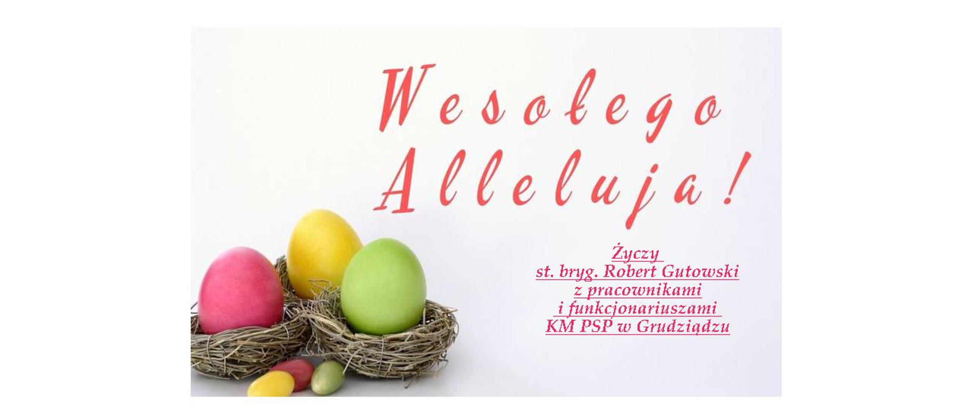 Zdjęcie przedstawia 3 kolorowe jajka w uplecionych gniazdach i 3 mniejsze leżące przed nimi. Ponad nimi i obok po prawej stronie napisy "Wesołego Alleluja" i "Życzy st. bryg. Robert Gutowski z pracownikami i funkcjonariuszami KM PSP w Grudziądzu.