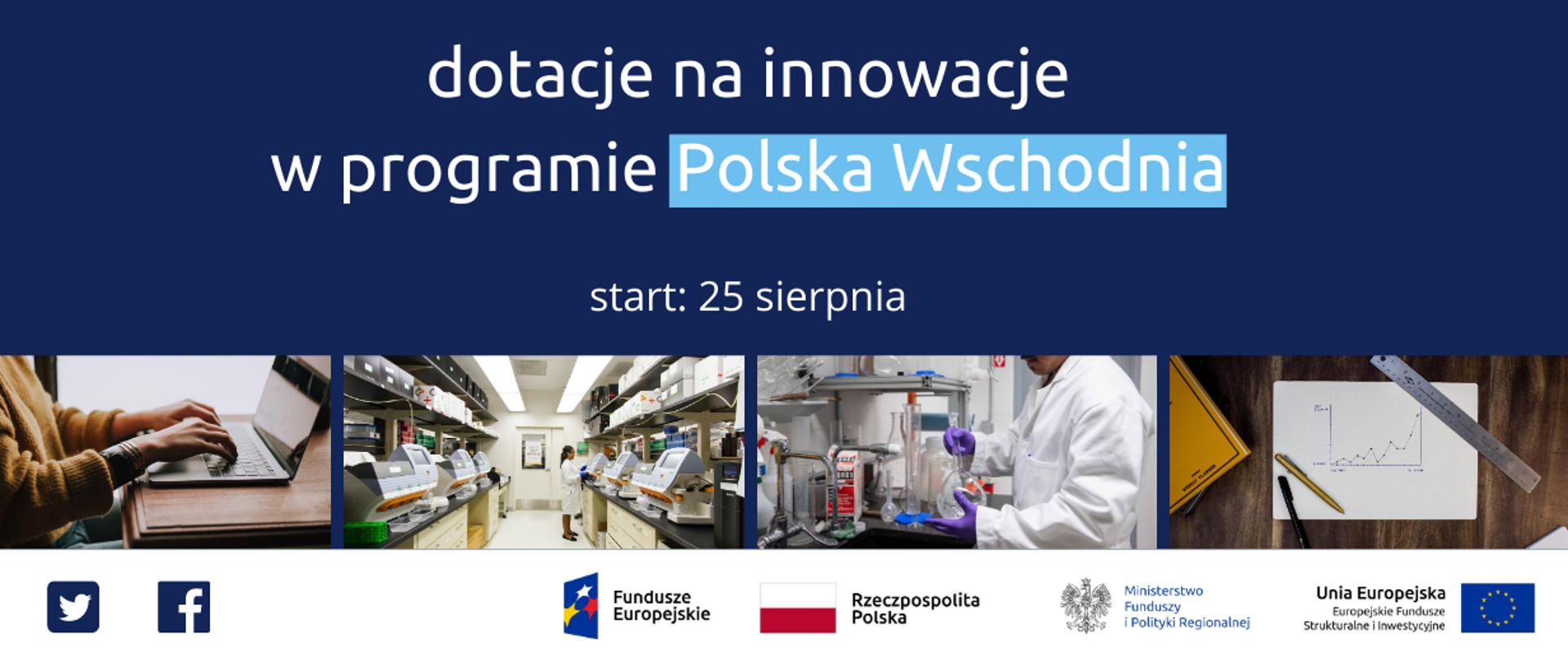 Napis: dotacje na innowacje w programie Polska Wschodnia, start 25 sierpnia. Pod tekstem 4 zdjęcia w poziomie. Od lewej: fotografia damskich dłoni piszących na laptopie. Obok zdjęcie magazynu ze sprzętem medycznym, dalej fotografia laboratorium. Ostatnie zdjęcie przedstawia wykres na kartce, obok leży linijka i dwa długopisy. Na dole ikonki Twittera i Facebooka, logo Funduszy Europejskich, Ministerstwa Funduszy i Polityki Regionalnej, Unii Europejskiej oraz flaga RP