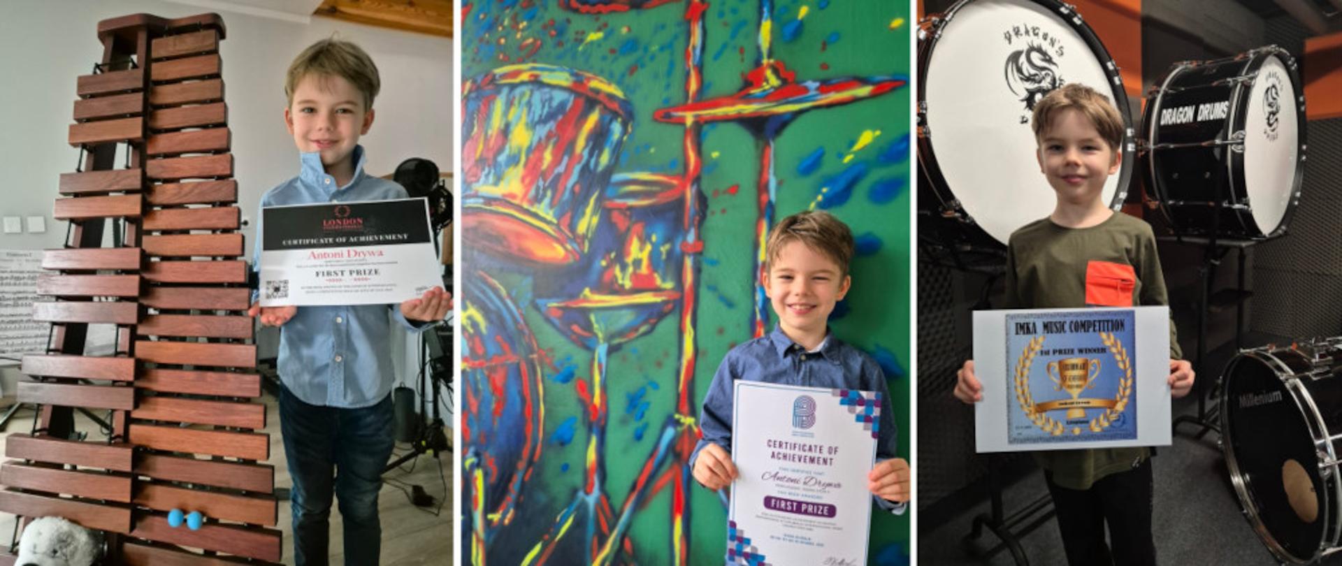 Uczeń na tle klawesynu, muralu w szkole i perkusji.