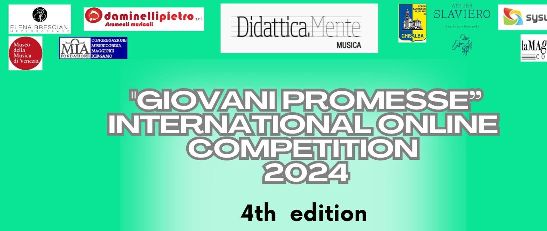 Na zielonym tle, w centralnej części nazwa konkursu: 4th "Giovani Promesse" 2024 - International Online Competition. U góry logotypy organizatorów