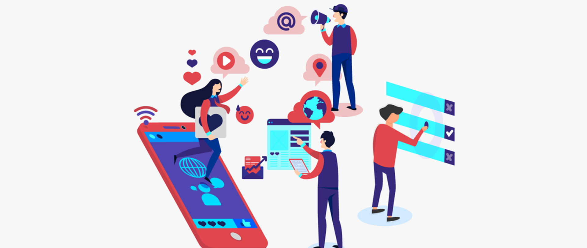 Prosta grafika pokazująca osoby przy codziennej aktywności internetowej