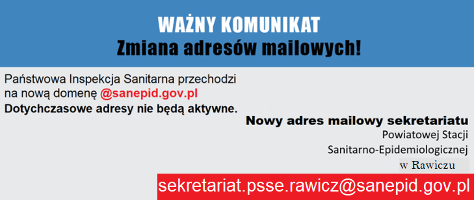 Ważny komunikat! - Zmiana adresów mailowych Państwowej Inspekcji Sanitarnej