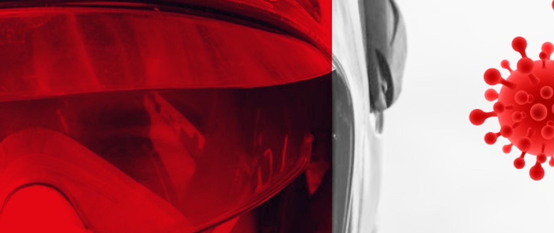 Oczy strażaka w hełmie obok wizualizacje komórek wirusa