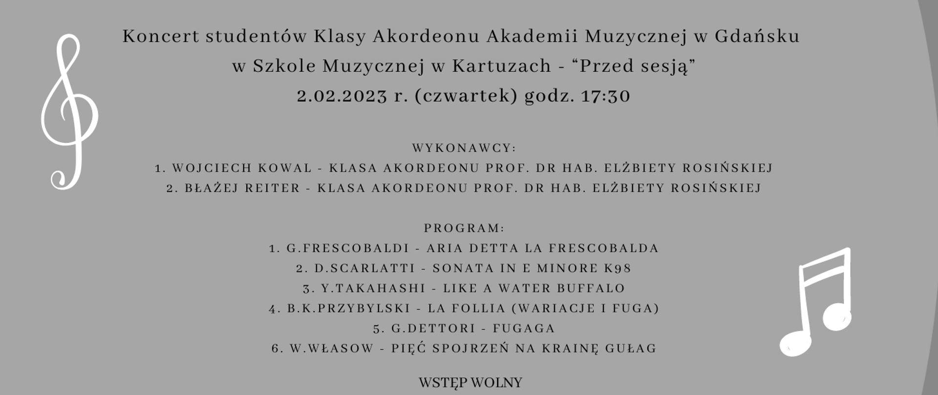 na grafice znajdują się białe wartości nutowe, klucz wiolinowy oraz informacja o koncercie