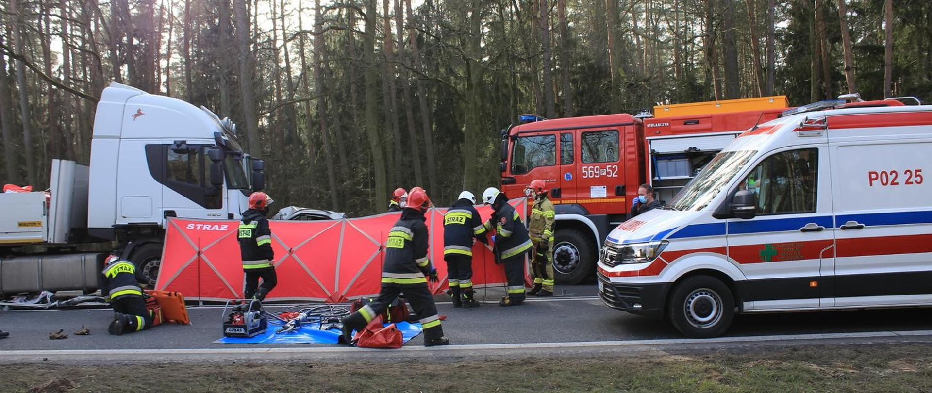 Strażacy udzielają pomocy poszkodowanemu znajdującemu się w pojeździe