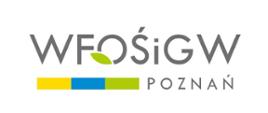 Logo WFOŚiGW Poznań zółto zielono niebieskie kafelki z listkiem zielonym w literze O na białym tle