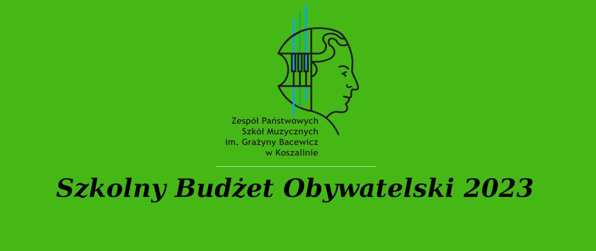 Grafika z SBO 2023, logo szkoły na zielonym tle, czarny napis Szkolny Budżet Obywatelski 2023
