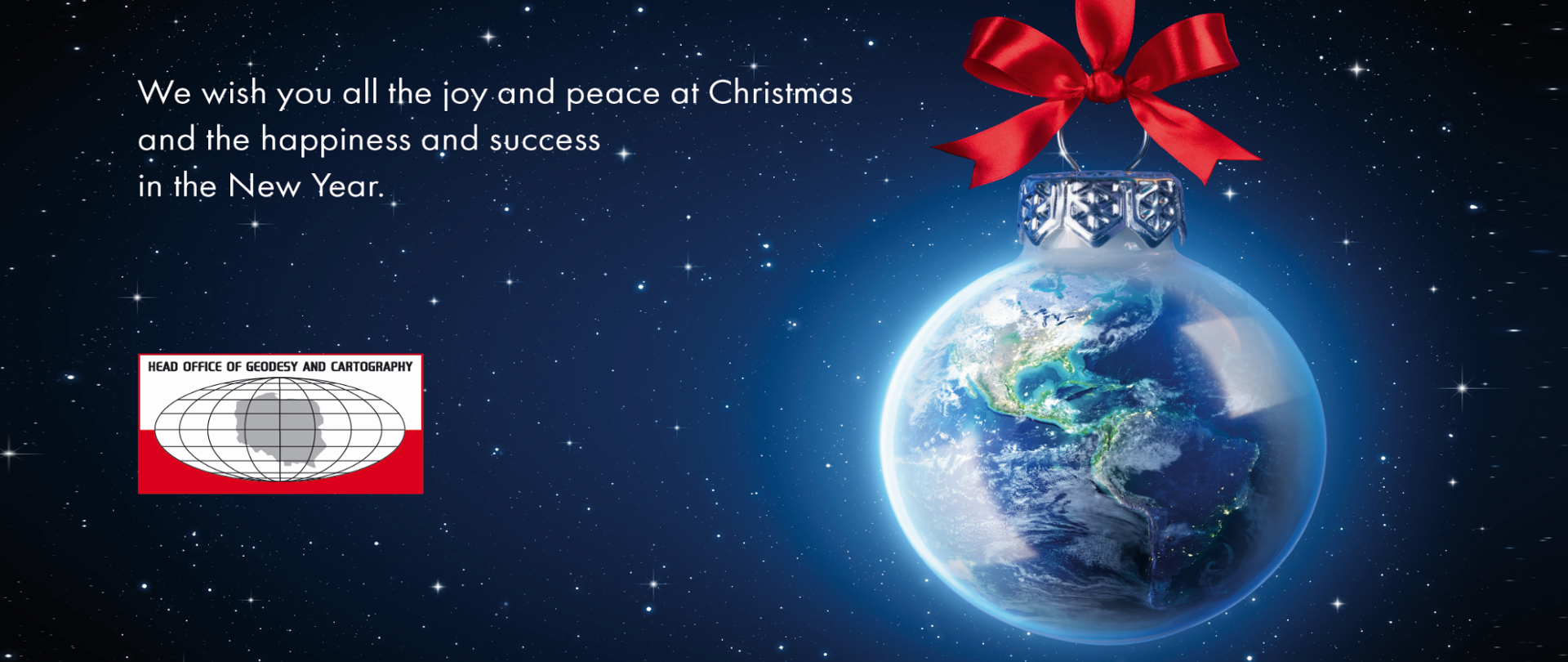 Christmas Greetings Card. On the left side Christmas wishes with GUGiK logo, on the right side Christmas bauble.