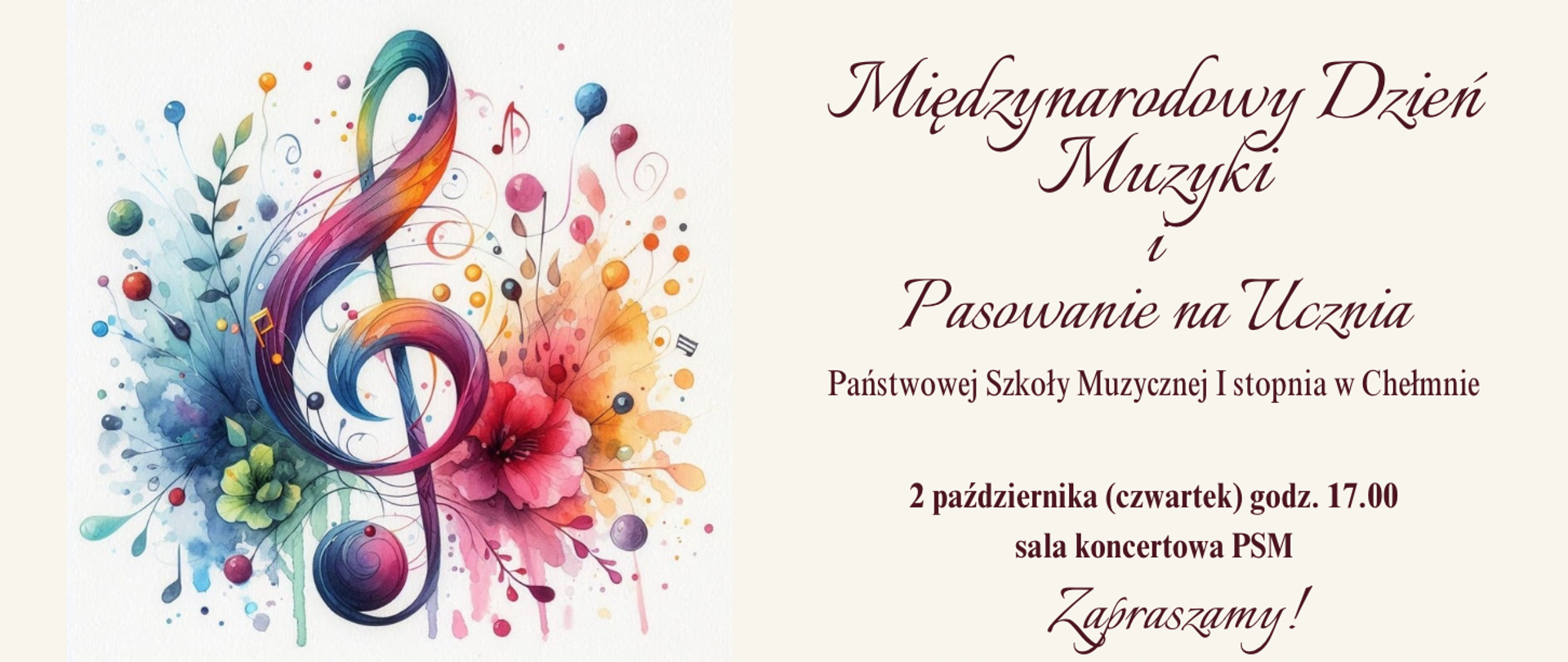 Po lewej stronie wielobarwny klucz wiolinowy ozdobiony kwiatami. Po prawej stronie informacja o czasie i miejscu wydarzenia.