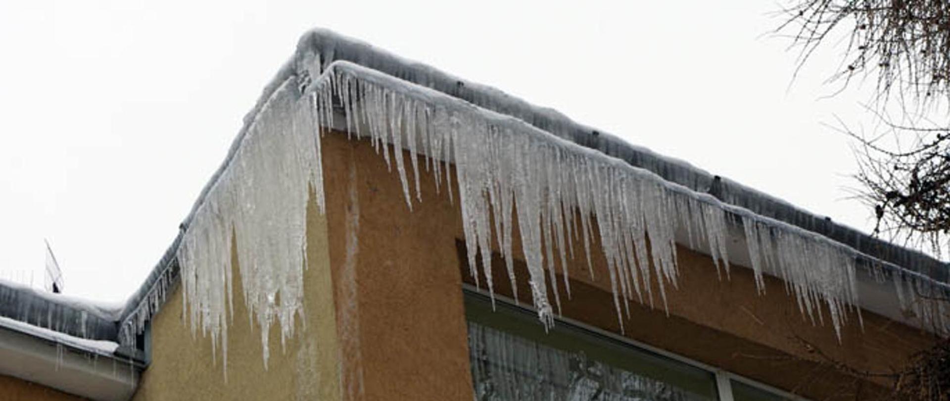 Zdjęcie przedstawia sople lodu zwisające z krawędzi dachu.