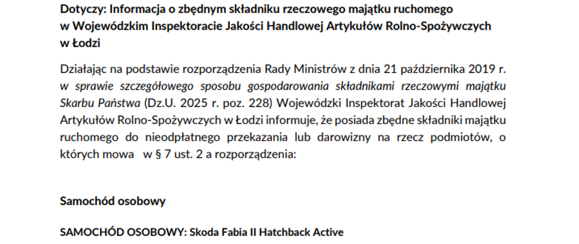 Informacja o zbędnym składniku majątku ruchomego 2026