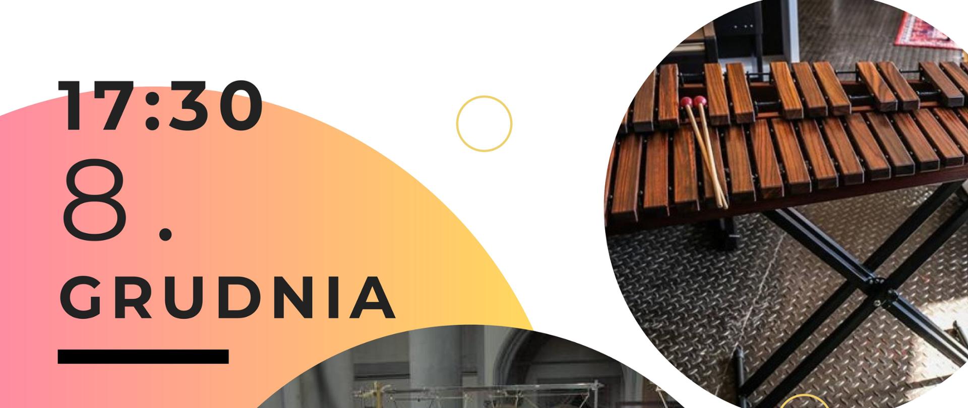 Plakat na białym tle, na którym znajdują się koła - trzy z nich są kolorowe, a w dwóch znajdują się zdjęcia przedstawiające instrumenty perkusyjne. Na plakacie znajdują się informacje dot. koncertu klasy perkusji, który odbędzie się 8.12.2025 roku o godzinie 17:30 w sali kameralnej PSM w Nowym Tomyślu.