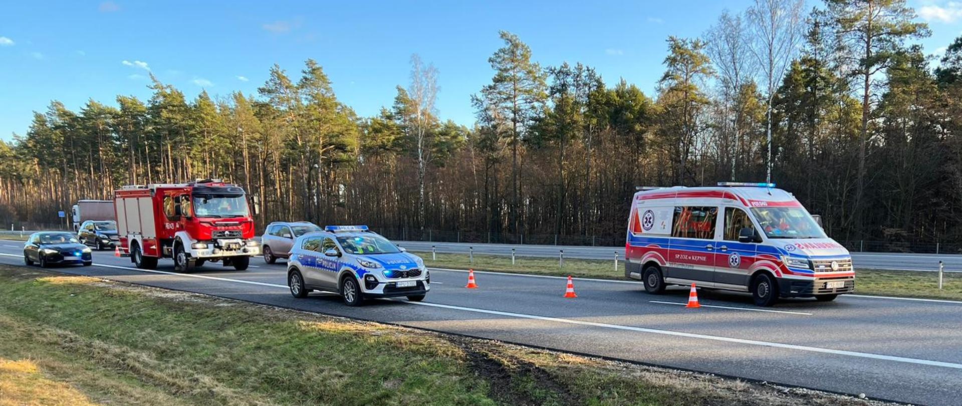 Samochody służb ratowniczych znajdują się na drodze szybkiego ruchu. W tle las.