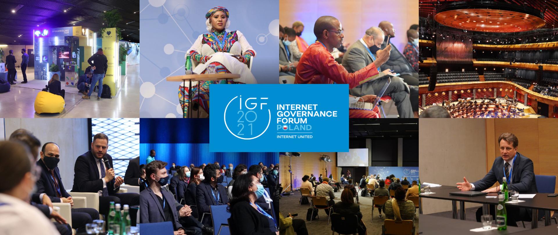 Kolaż 8 zdjęć ze Szczytu Cyfrowego ONZ - IGF 2021, zdjęcie z debat rozmów, spotkań i koncertu.