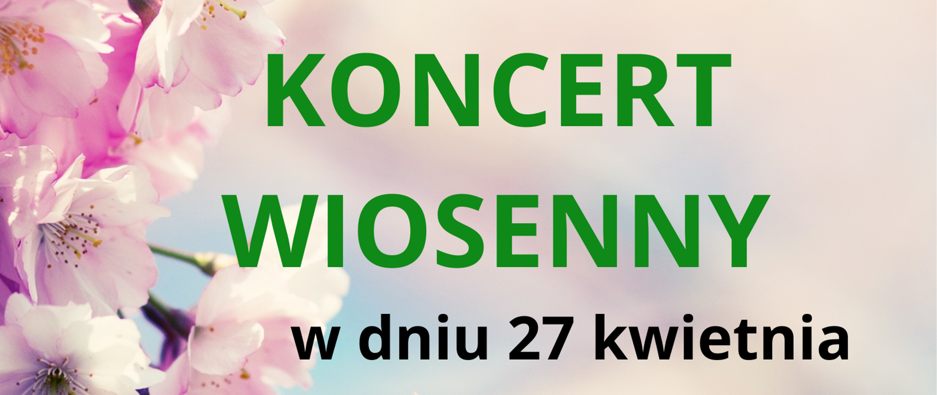 W tle gałąź obsypana kwiatami. Na tym tle napis zapraszamy na Koncert wiosenny w dniu 27 kwietnia o godzinie 17:00 w sali kameralnej