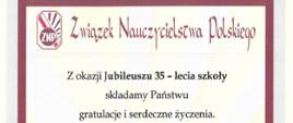 List gratulacyjny z okazji Jubileuszu trzydziestopięciolecia Szkoły