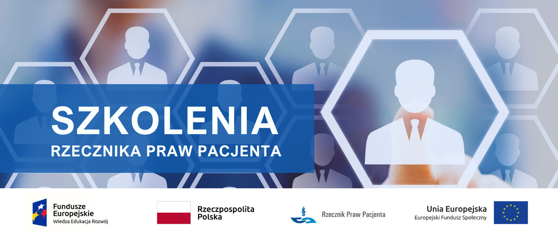 Futurystyczny baner z napisem szkolenia rzecznika praw pacjenta w odcieniach niebieskich